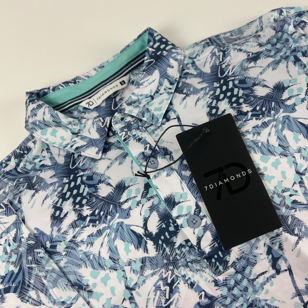 7 Diamonds Men's S NWT Indies 4-Way Stretch Polo Blue Tropical Palm Preppy